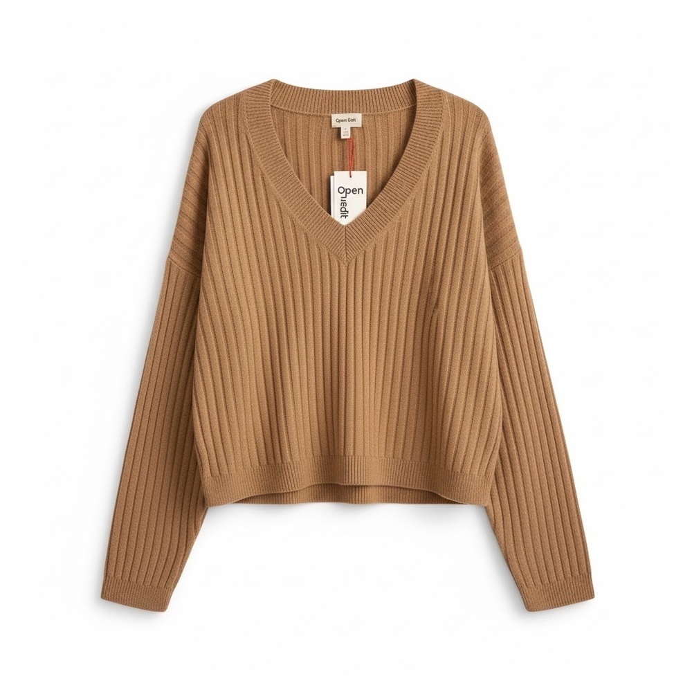 Open Edit Nordstrom V Neck Sweater Long Sleeve Size Large Camel Tan NWT